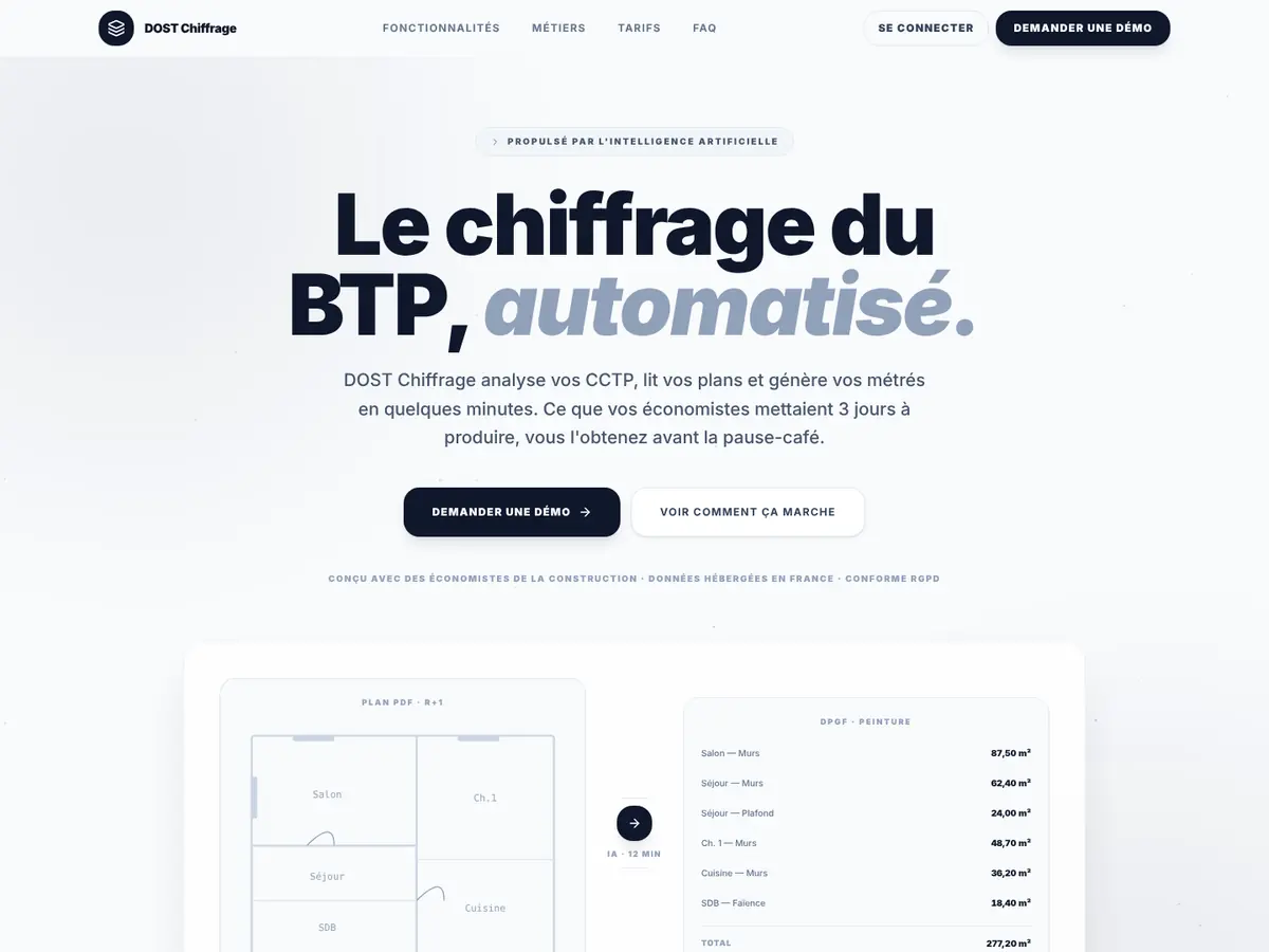 Page d’accueil de Chiffrage.ai&nbsp;: le chiffrage du BTP automatisé