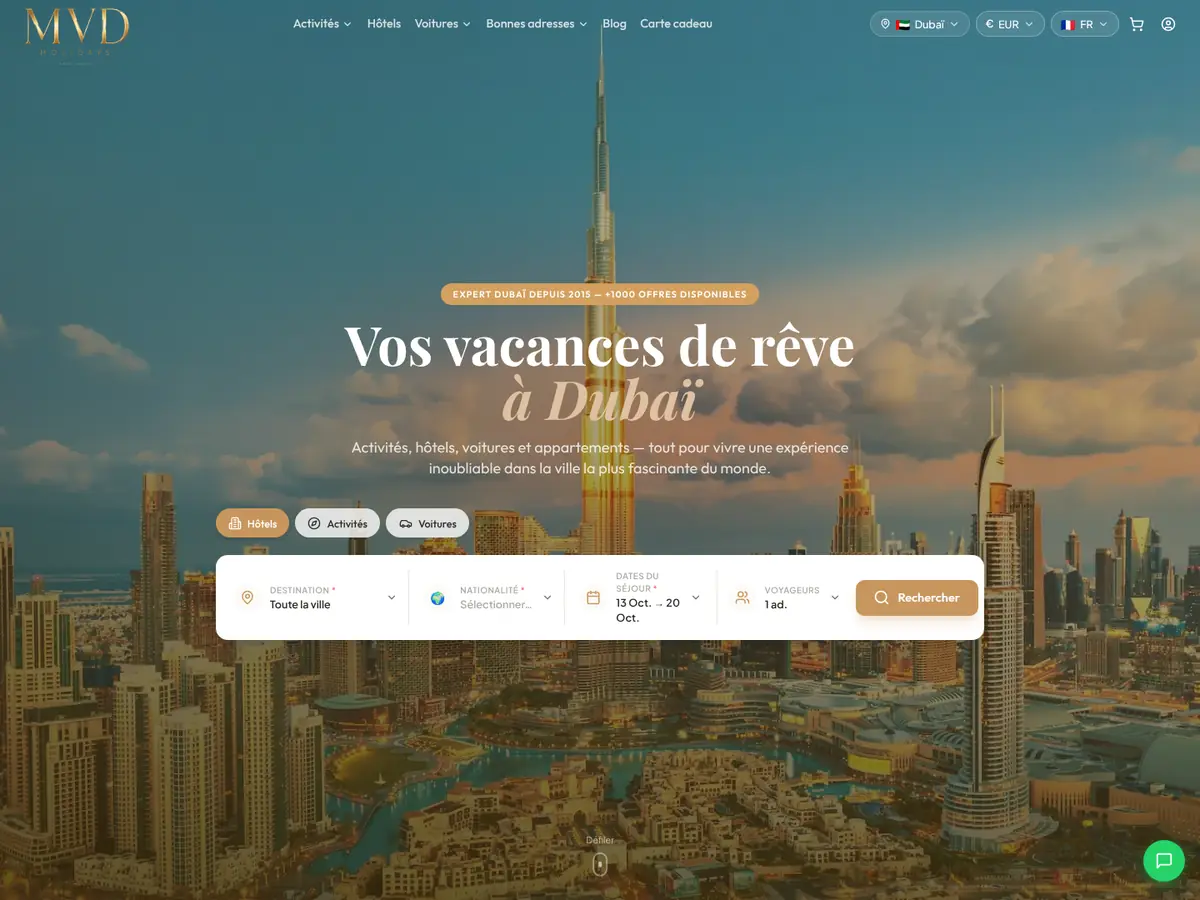 Page Dubaï de MVD Holidays&nbsp;: recherche d’hôtels, d’activités et de voitures