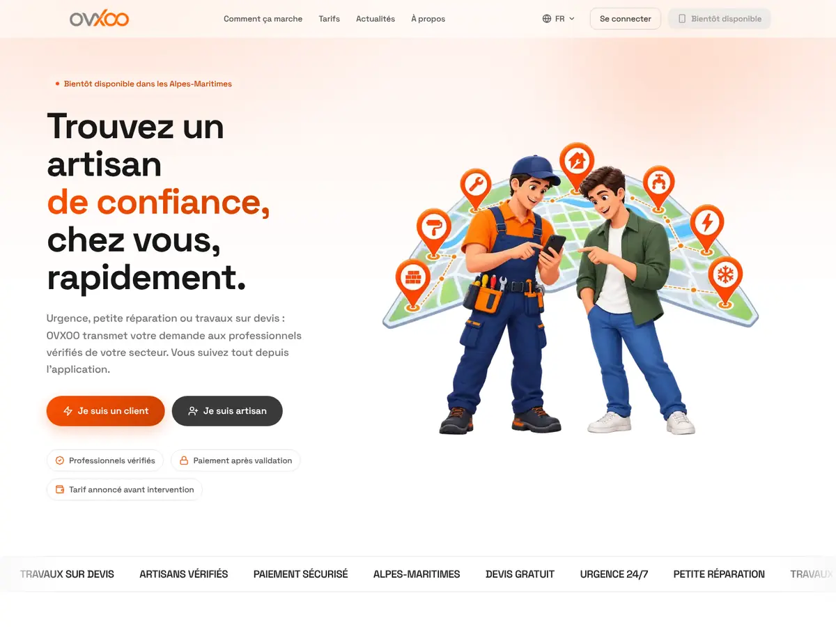 Page d’accueil d’Ovxoo&nbsp;: trouver un artisan de confiance