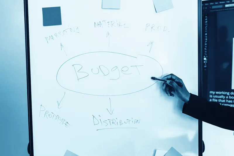 Schéma au feutre reliant budget, marketing et production sur un tableau blanc